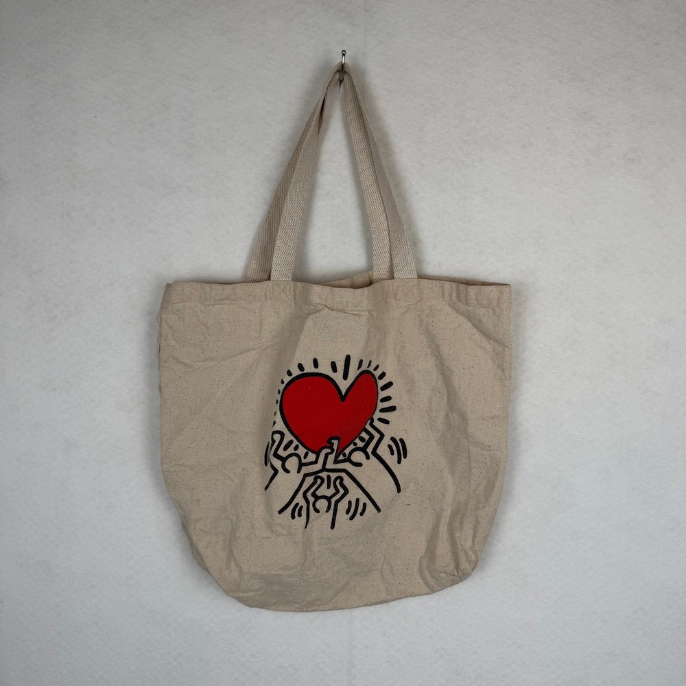 Keith Haring 100% Cotton Tote Bag Unisex OS Beige Red Heart Pop Art Streetwear